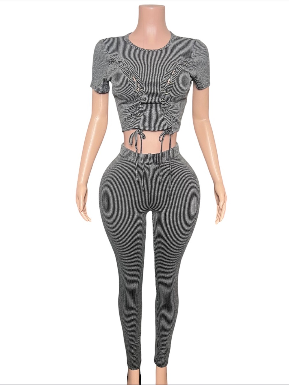 Ruched Drawstring Crop Top & High-Rise Leggings Set - Gray